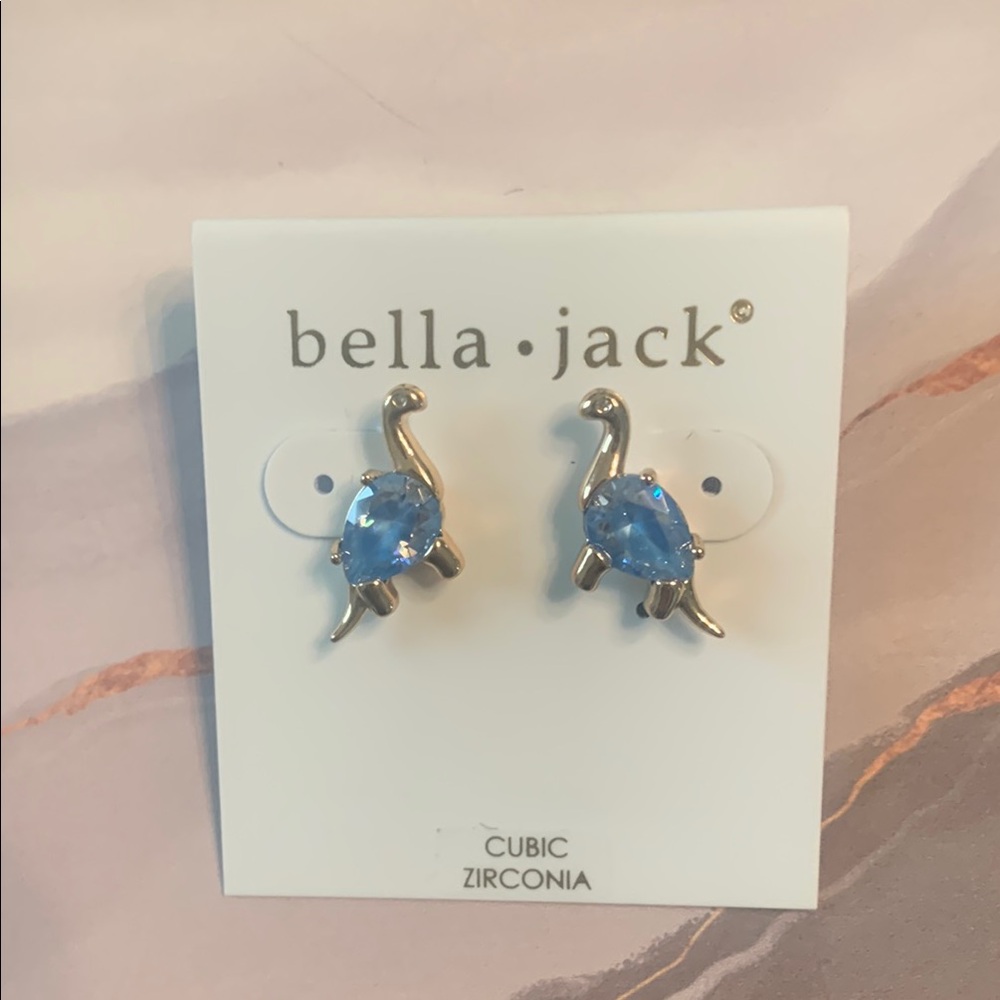NWOT RARE Bella Jack Dinosaur Earrings with Blue Stones, Gold Tone